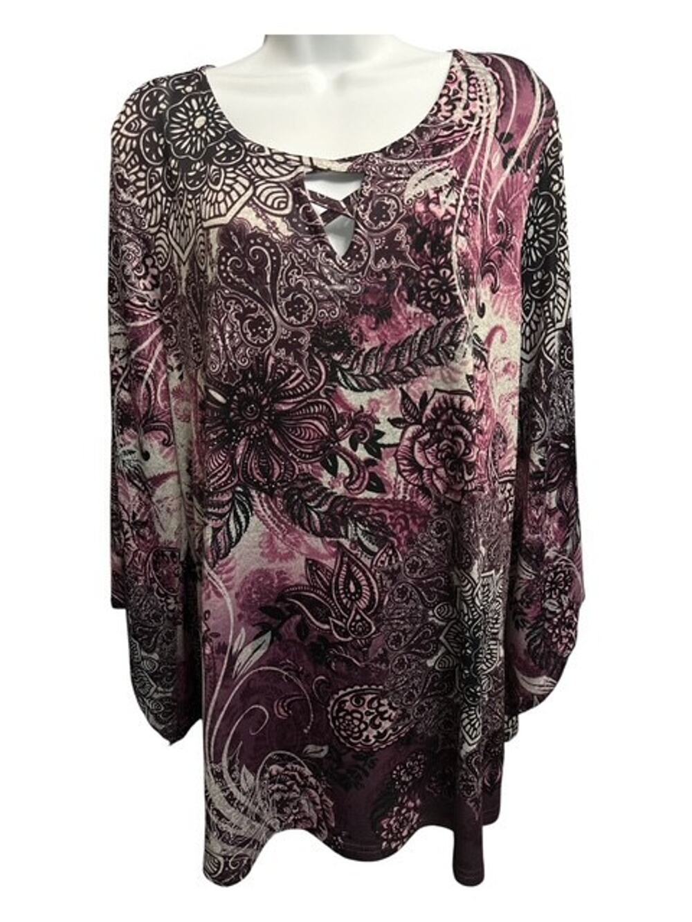 Soleillee 2X Top Purple Floral Paisley Beads Stretch Long Flared Sleeve